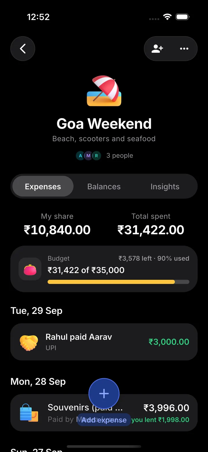 Splitrail Expenses screen