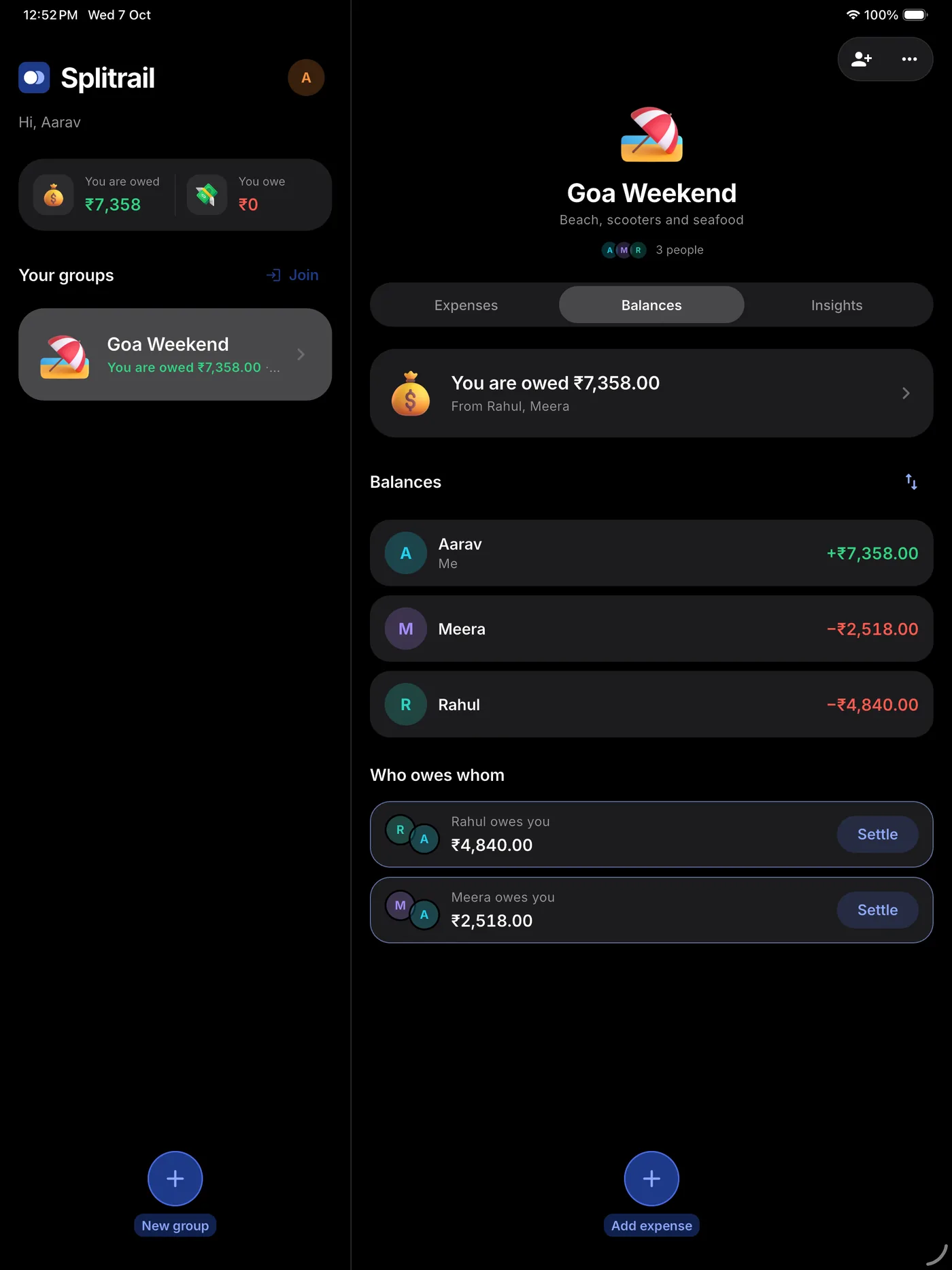 Splitrail on iPad: groups list beside the Balances tab